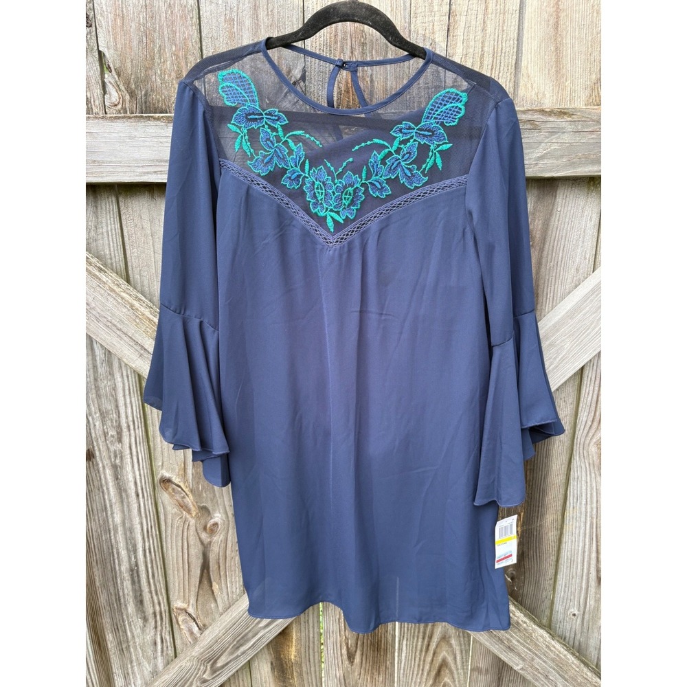 City Studio Womens Navy Blue‎ Floral Embroidered Mesh Bell Sleeve Shift Dress M